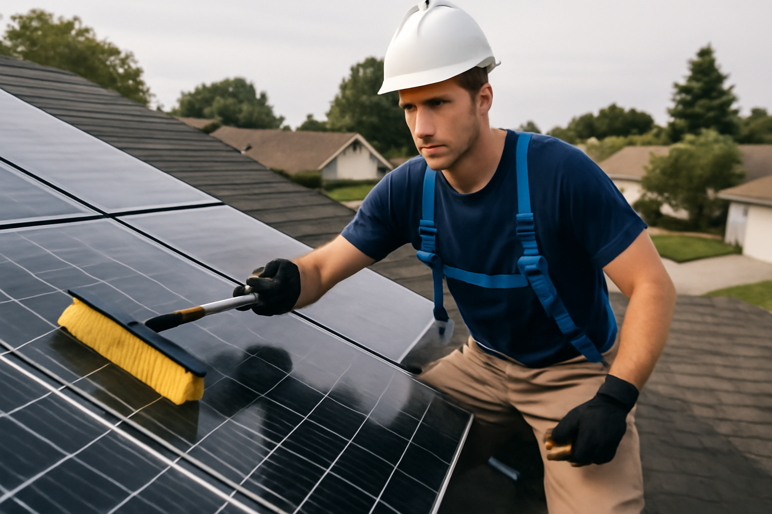 Image éditoriale montrant des panneaux solaires sur un toit résidentiel en cours de nettoyage et d'inspection.