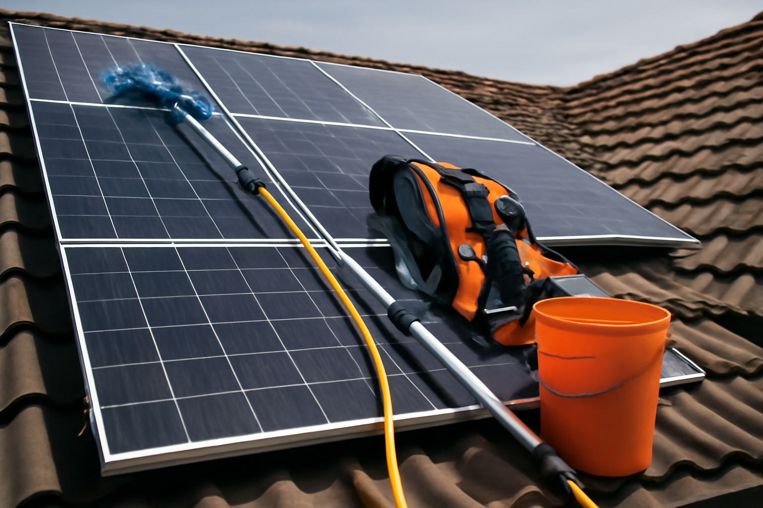 Image éditoriale montrant une installation de nettoyage de panneaux solaires avec équipements de sécurité sur un toit résidentiel pendant la journée.