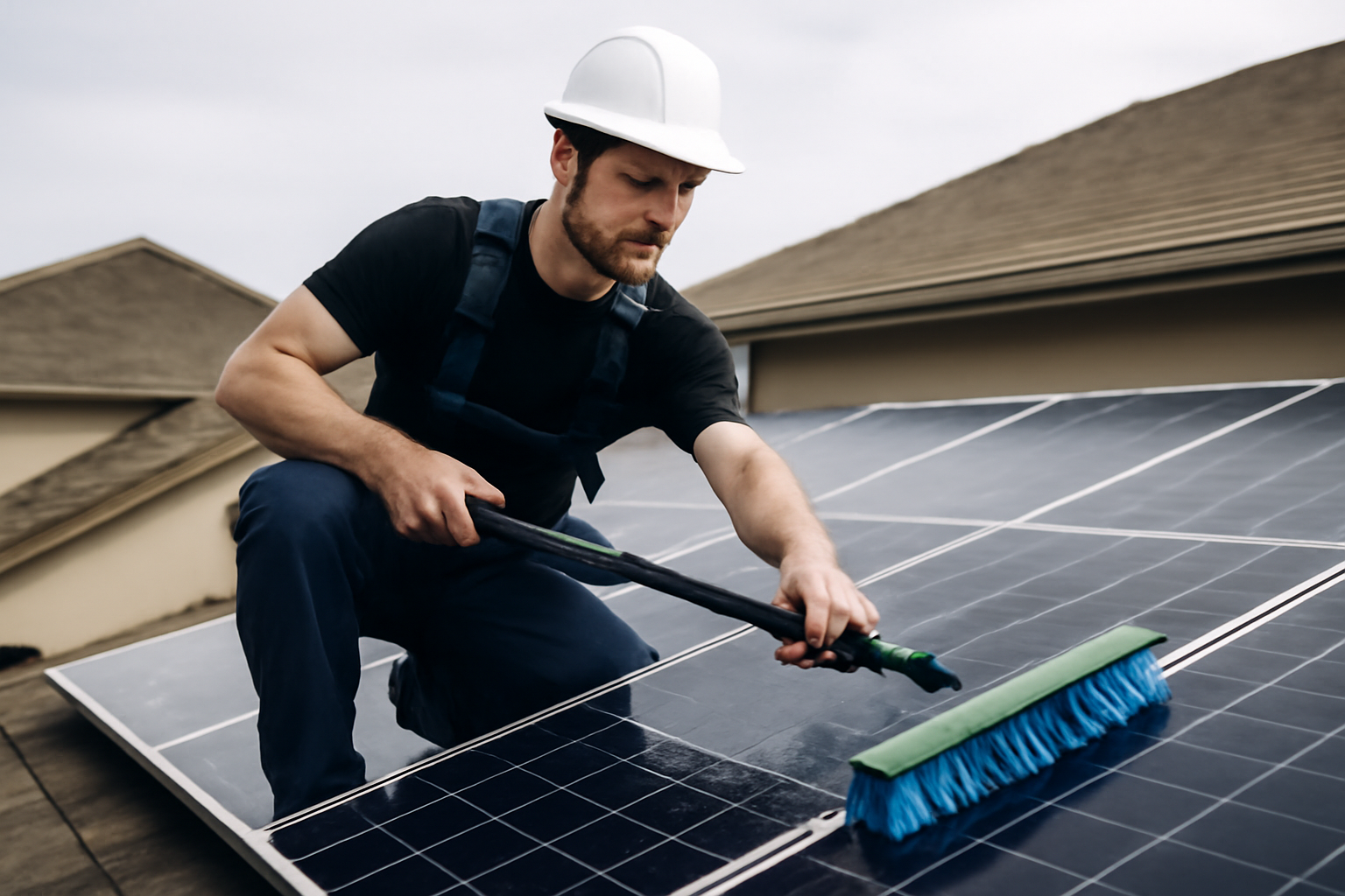 Un technicien professionnel nettoie des panneaux solaires sur le toit d'une maison, illustrant l'entretien pour optimiser la durée de vie des installations solaires.