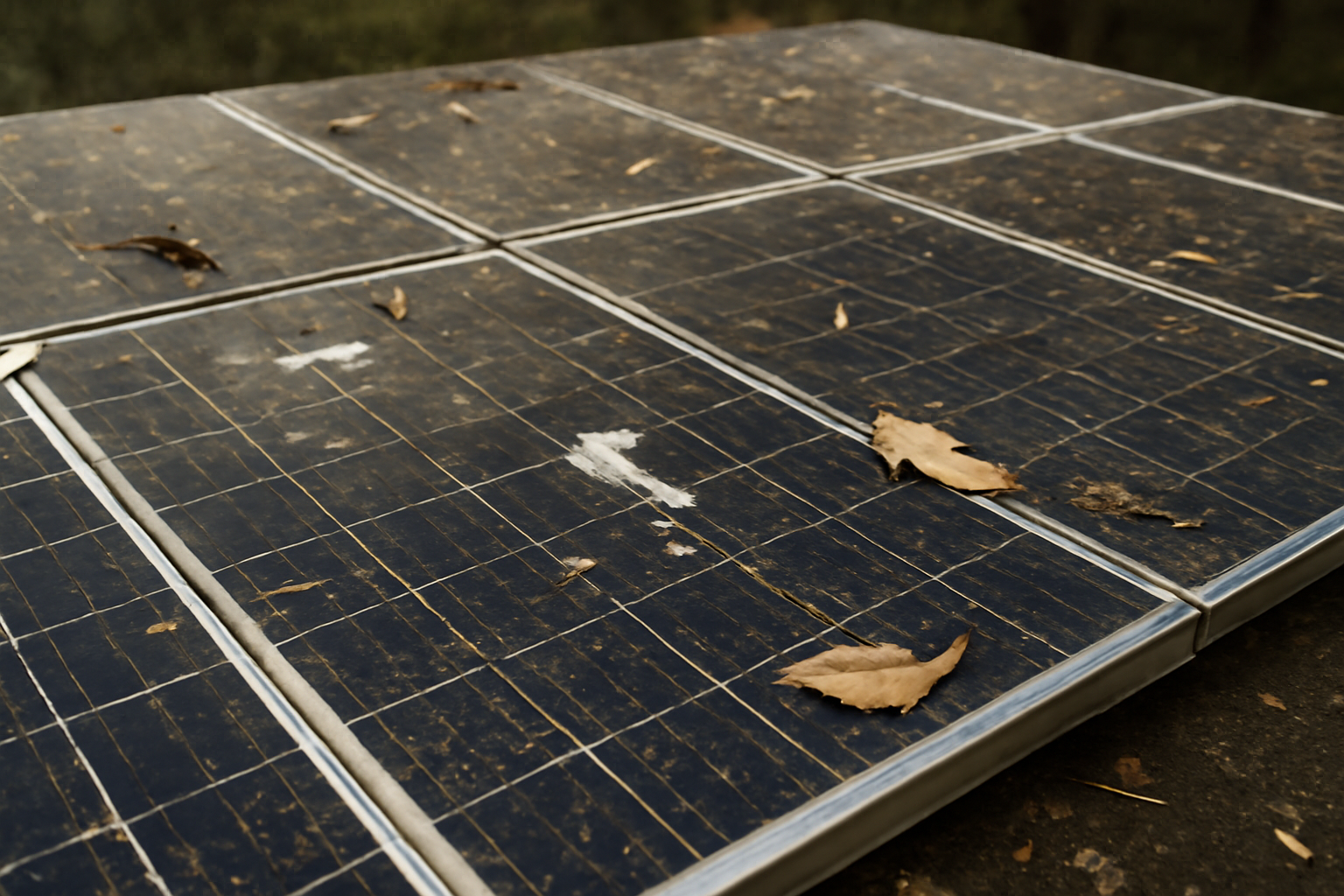 Image représentant des panneaux solaires sales avec accumulation de poussière, pollen, feuilles et fientes d'oiseaux, illustrant la nécessité de leur nettoyage pour maintenir leur efficacité.