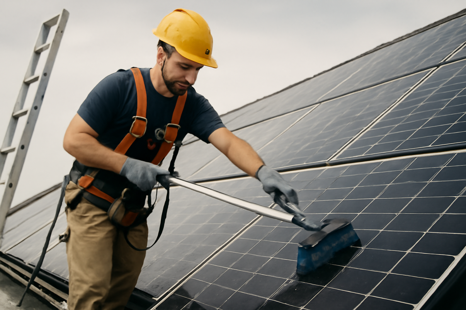 Travailleur équipé d'un harnais nettoyant des panneaux solaires en hauteur sur un toit, démontrant les mesures de sécurité essentielles
