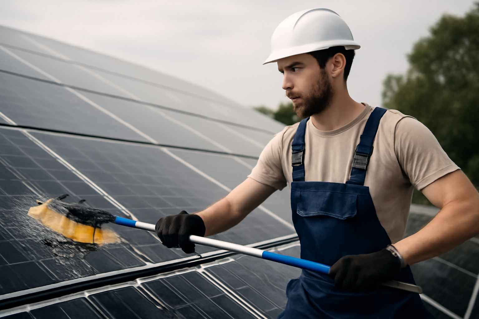 Image éditoriale montrant le nettoyage de panneaux solaires en plein jour dans un cadre neutre.