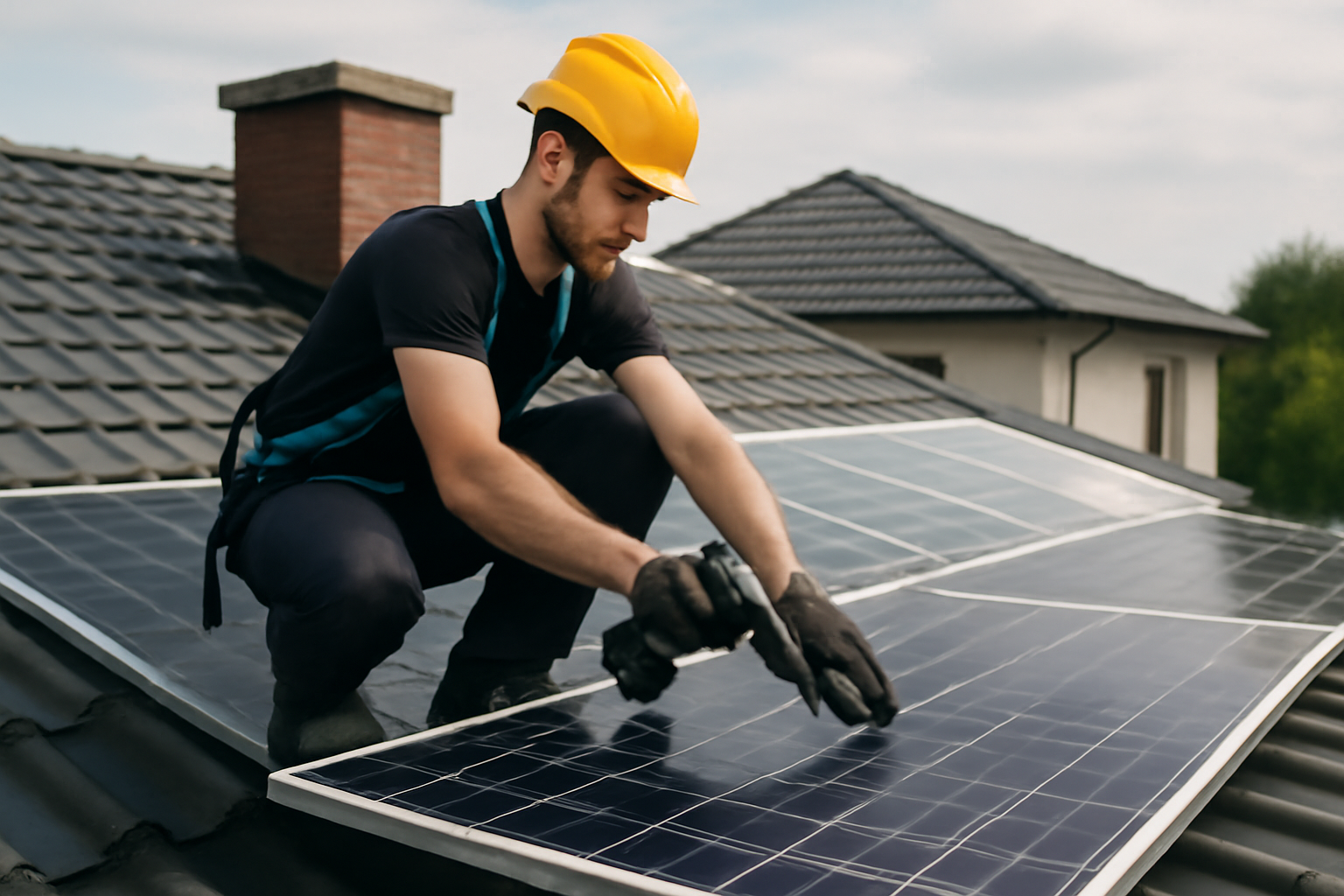 Image éditoriale montrant des panneaux solaires en cours de maintenance sur un toit résidentiel