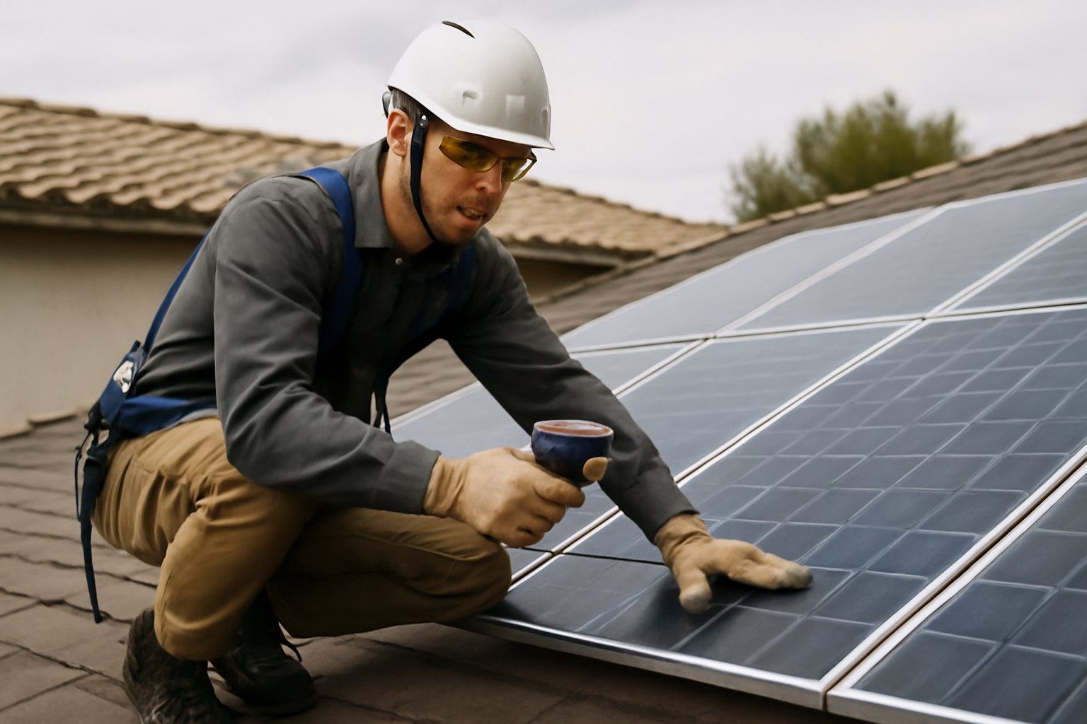 Inspection et maintenance de panneaux solaires sur un toit résidentiel, en plein jour, atmosphère neutre.