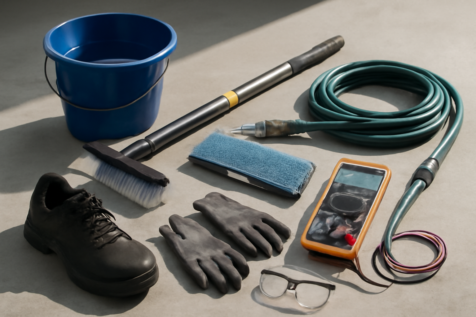 Image représentant les outils et équipements nécessaires pour la maintenance et les vérifications régulières, incluant le matériel de nettoyage et les instruments pour les tests électriques.