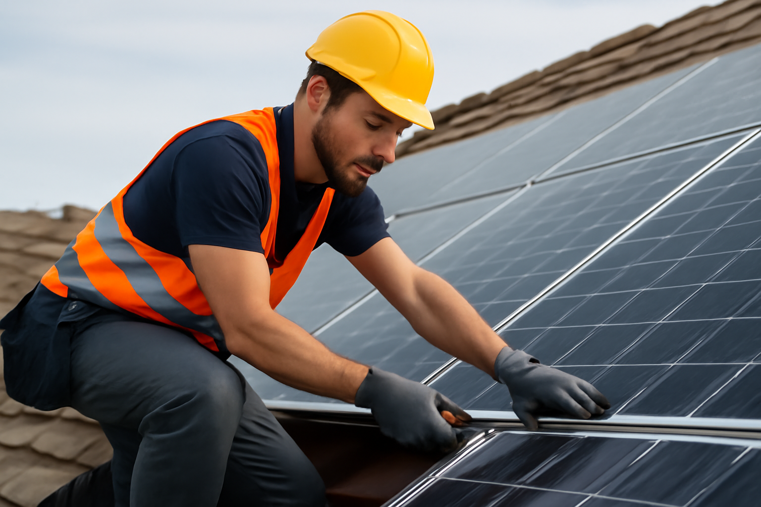 Professionnel de la maintenance de panneaux solaires inspectant et réparant des panneaux sur un toit incliné.