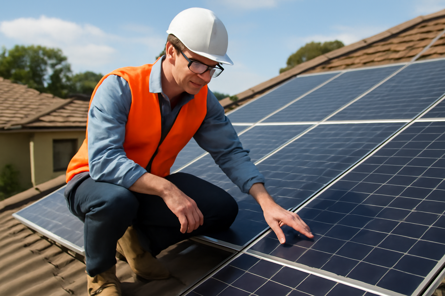 Surveillance et maintenance d'une installation de panneaux solaires sur un toit résidentiel en pleine journée.