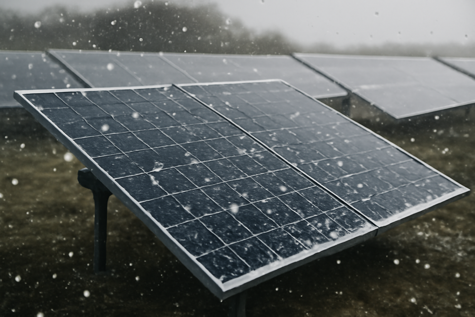 Panneaux solaires exposés à une tempête de grêle en plein jour dans un champ ouvert.