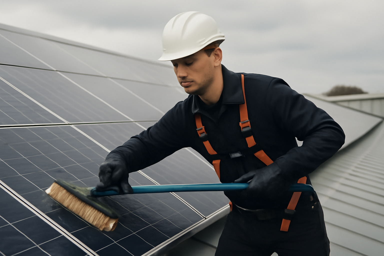 Image éditoriale montrant la maintenance et le nettoyage des panneaux solaires sur un toit sous une lumière naturelle.