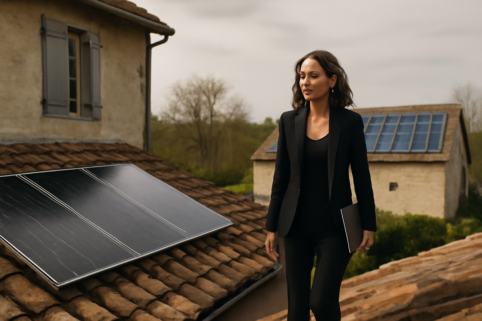 Photographie éditoriale d'installations de panneaux solaires sur toits en milieu rural et professionnel en France, illustrant des cas concrets d'économie et de réglementation solaire.