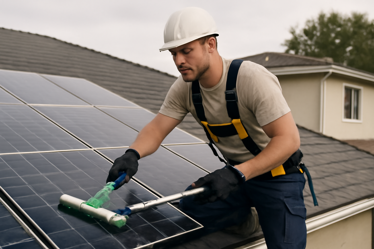 Maintenance de panneaux solaires sur un toit résidentiel, en journée, ambiance neutre.