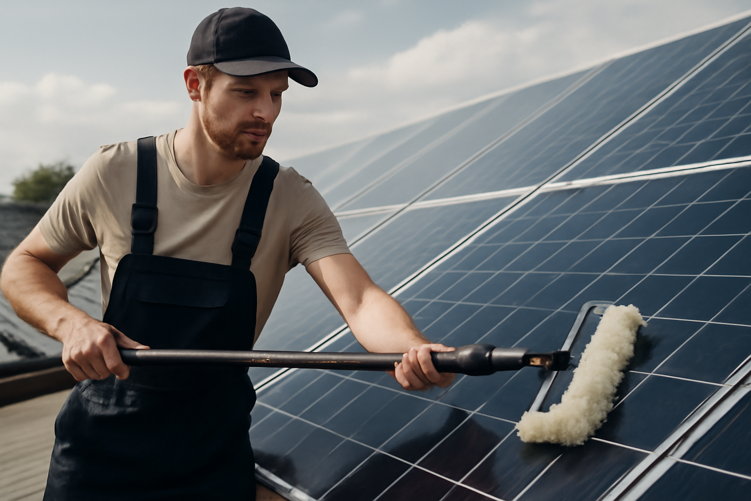 Nettoyage et entretien de panneaux solaires sur un toit