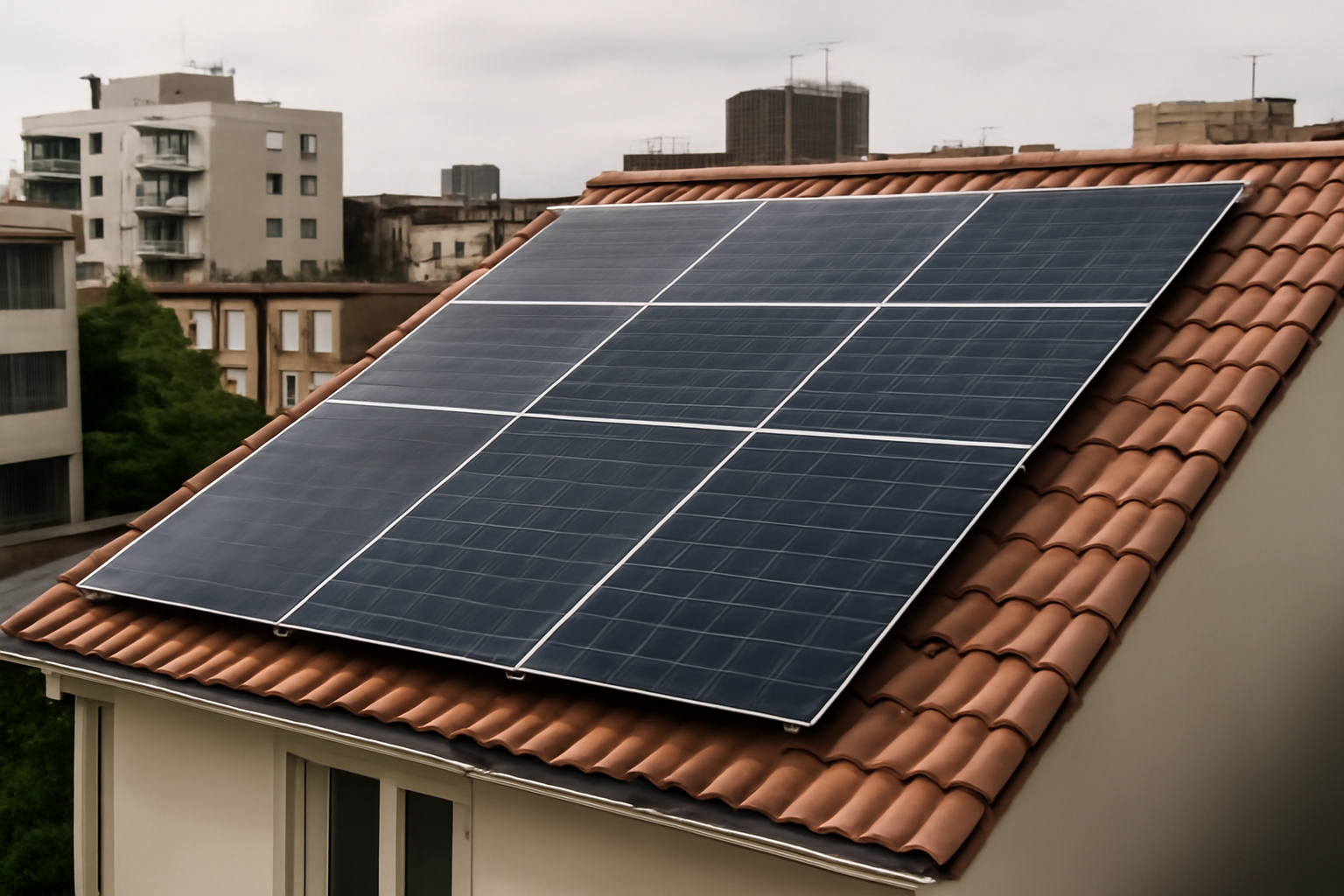 Installation solaire photovoltaïque sur toit résidentiel en milieu urbain