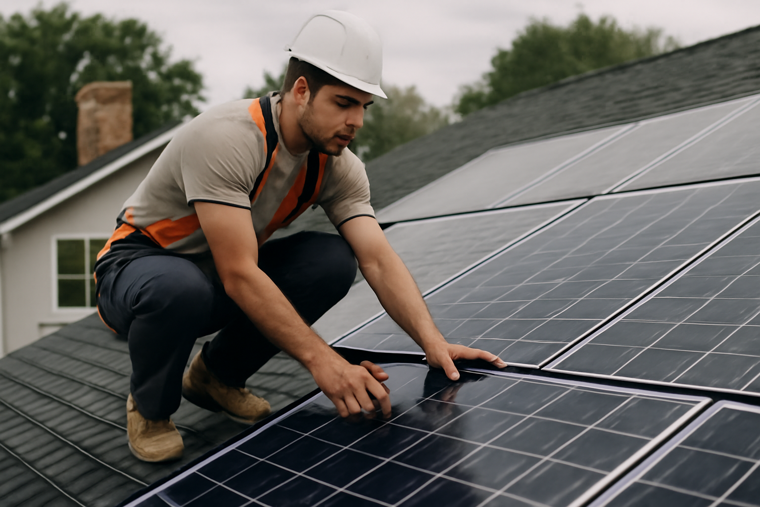 Photo éditoriale d'une installation de panneaux solaires dans un cadre résidentiel, prise en journée, atmosphère neutre.