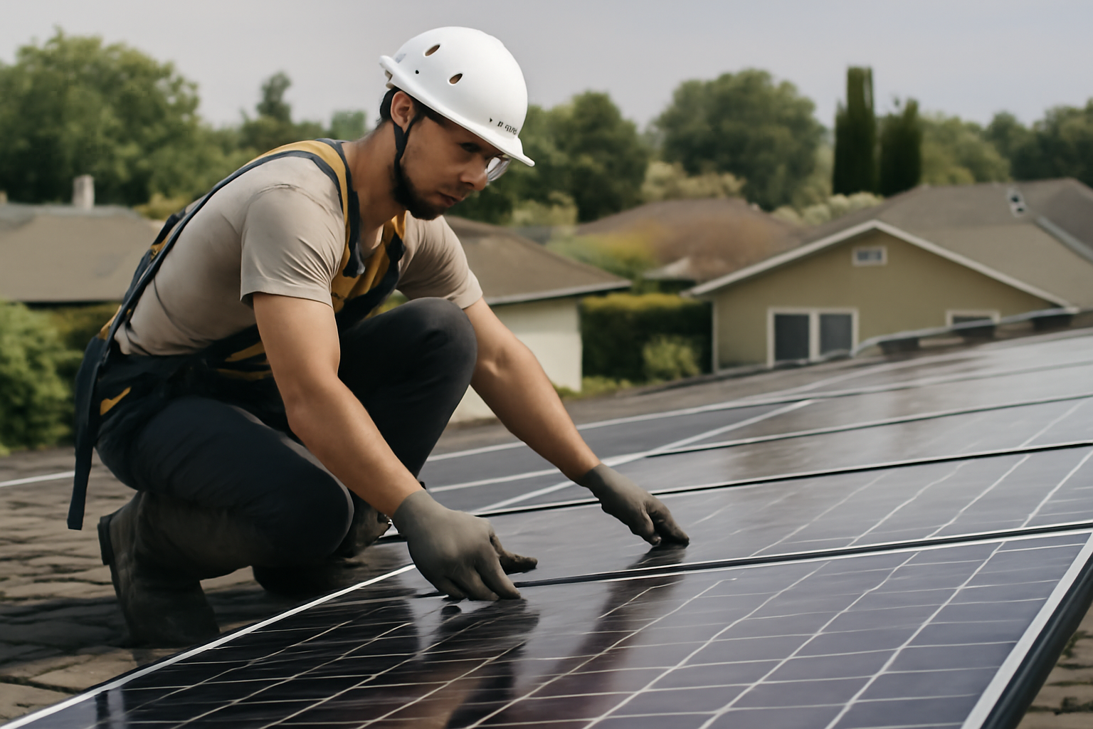 Image éditoriale représentant l'installation de panneaux solaires en zone résidentielle à la lumière du jour.