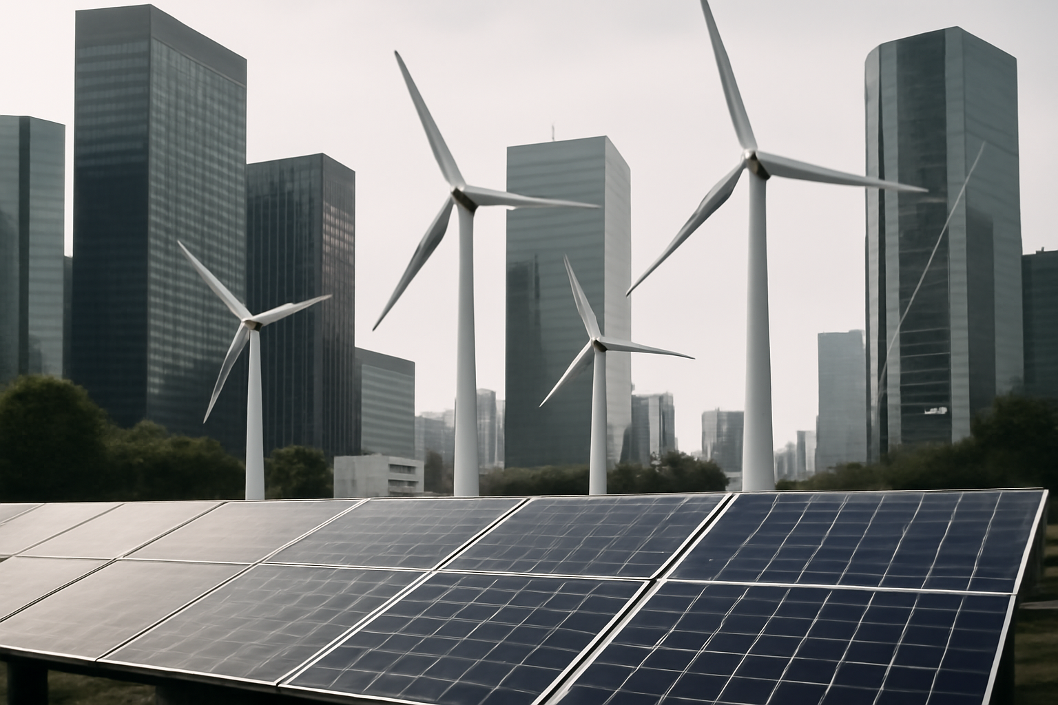 Image éditoriale illustrant la croissance du marché des panneaux solaires et les dispositifs de soutien énergétique en milieu urbain moderne.