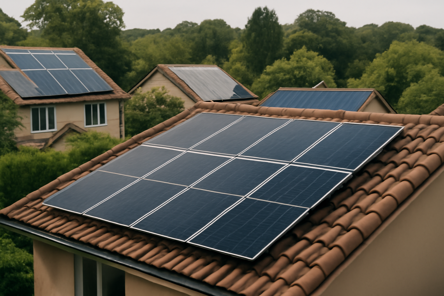 Image éditoriale de panneaux solaires résidentiels dans un paysage verdoyant