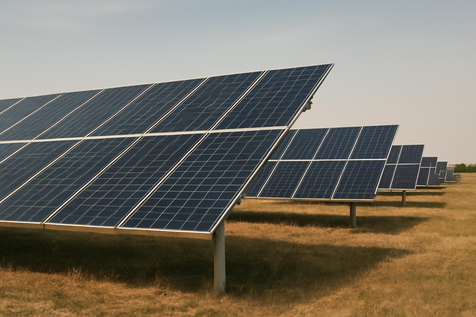 Un champ de panneaux solaires modernes sous un ciel clair en journée.