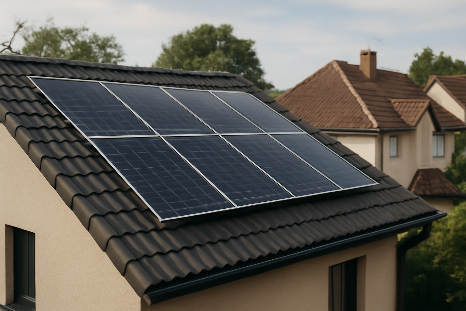 Image éditoriale de panneaux solaires sur un toit résidentiel, illustrant la prévention et la protection pour prolonger leur vie.