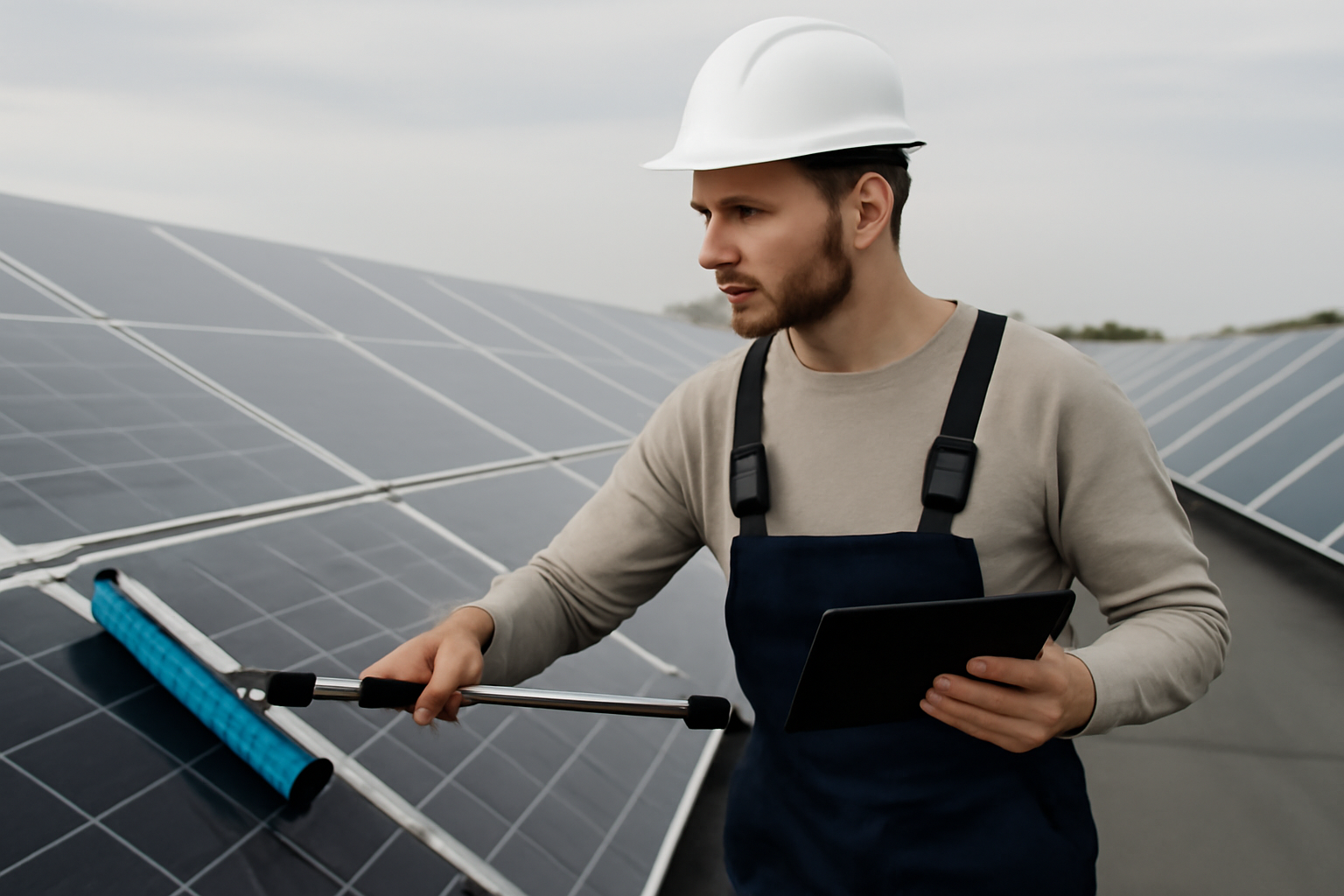 Image éditoriale montrant des panneaux solaires en cours de nettoyage et d'inspection sur un toit en plein jour.