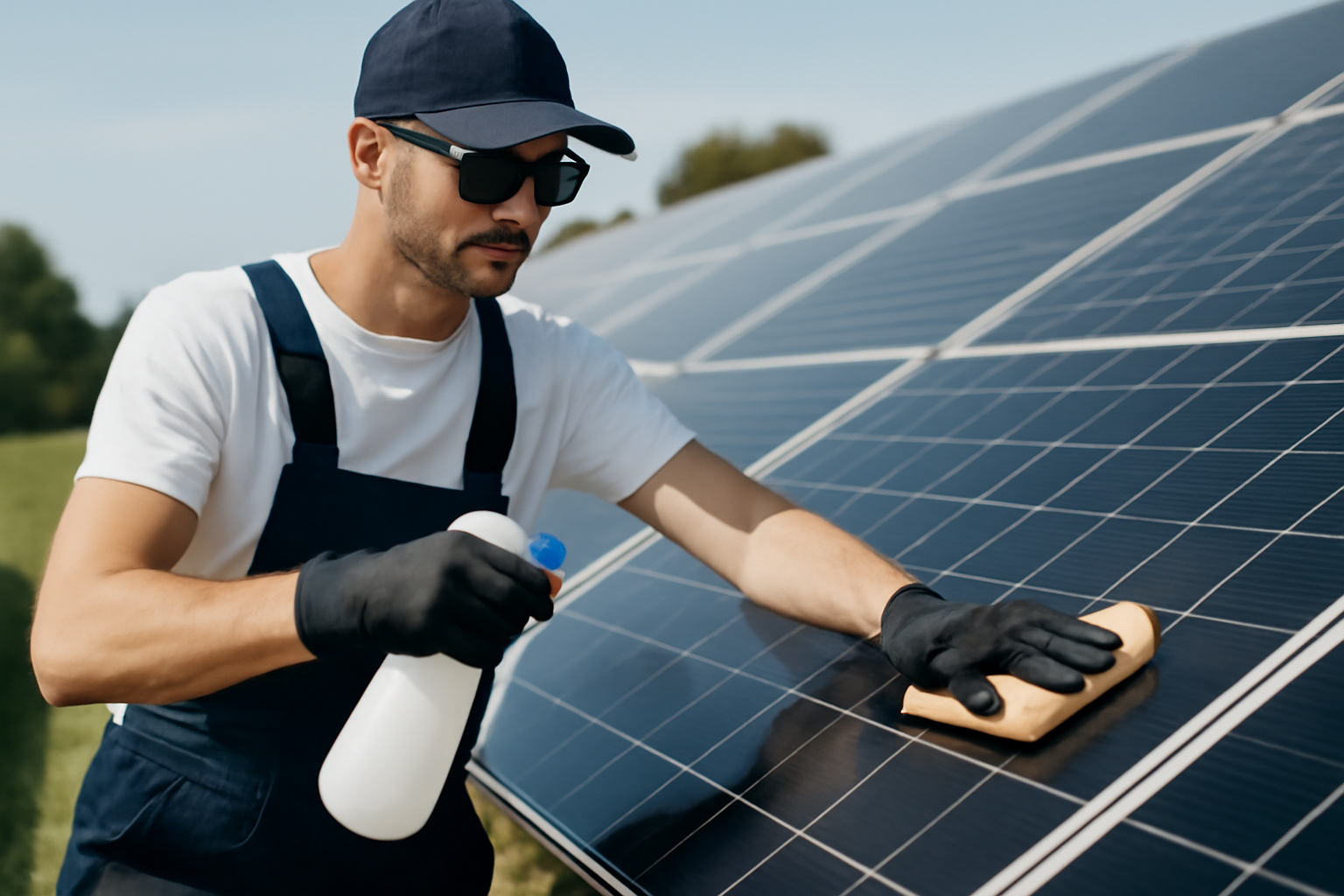 Nettoyage et protection de panneaux solaires en extérieur, une personne applique un spray à l'eau déminéralisée et un film protecteur hydrophobe sous un soleil du jour.