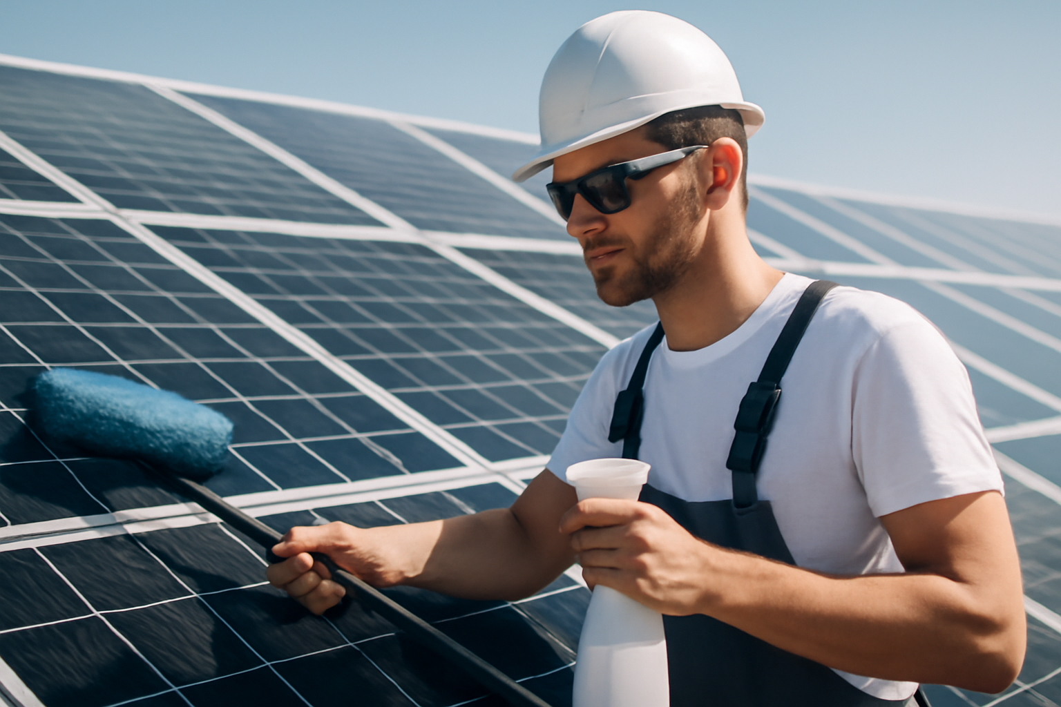Image éditoriale montrant des panneaux solaires propres et inspectés dans un environnement lumineux, illustrant la prévention et la protection des panneaux solaires.
