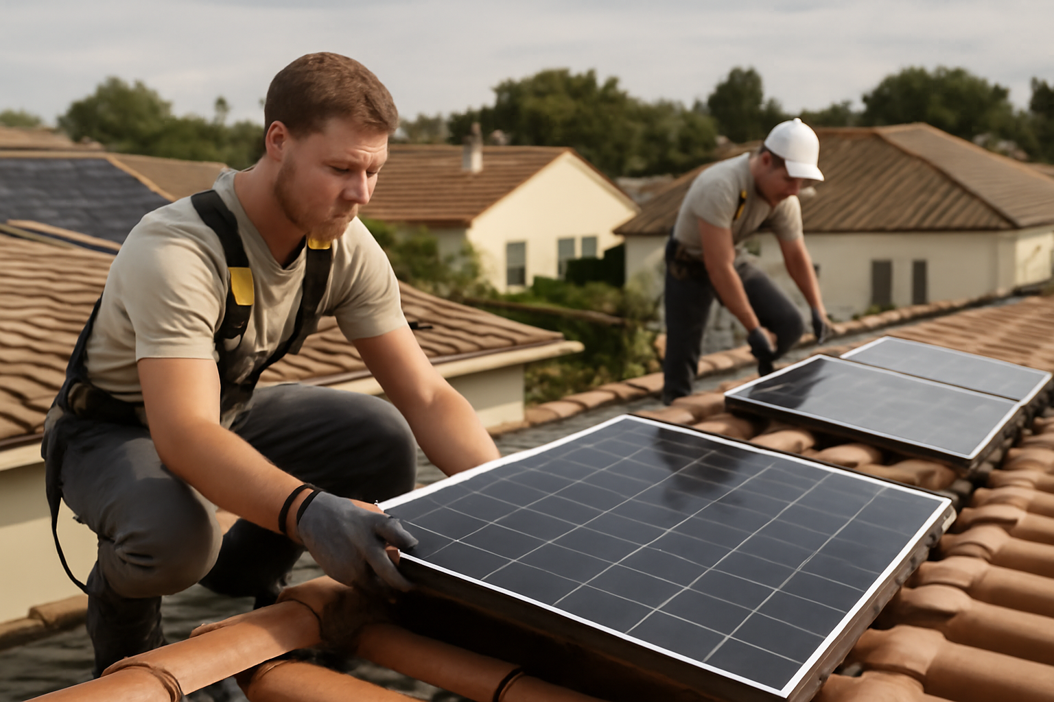 Installation de panneaux solaires sur des toits résidentiels sous un ciel clair en plein jour