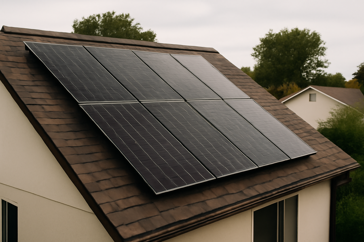 Panneaux solaires photovoltaïques sur un toit résidentiel dans un environnement suburbain