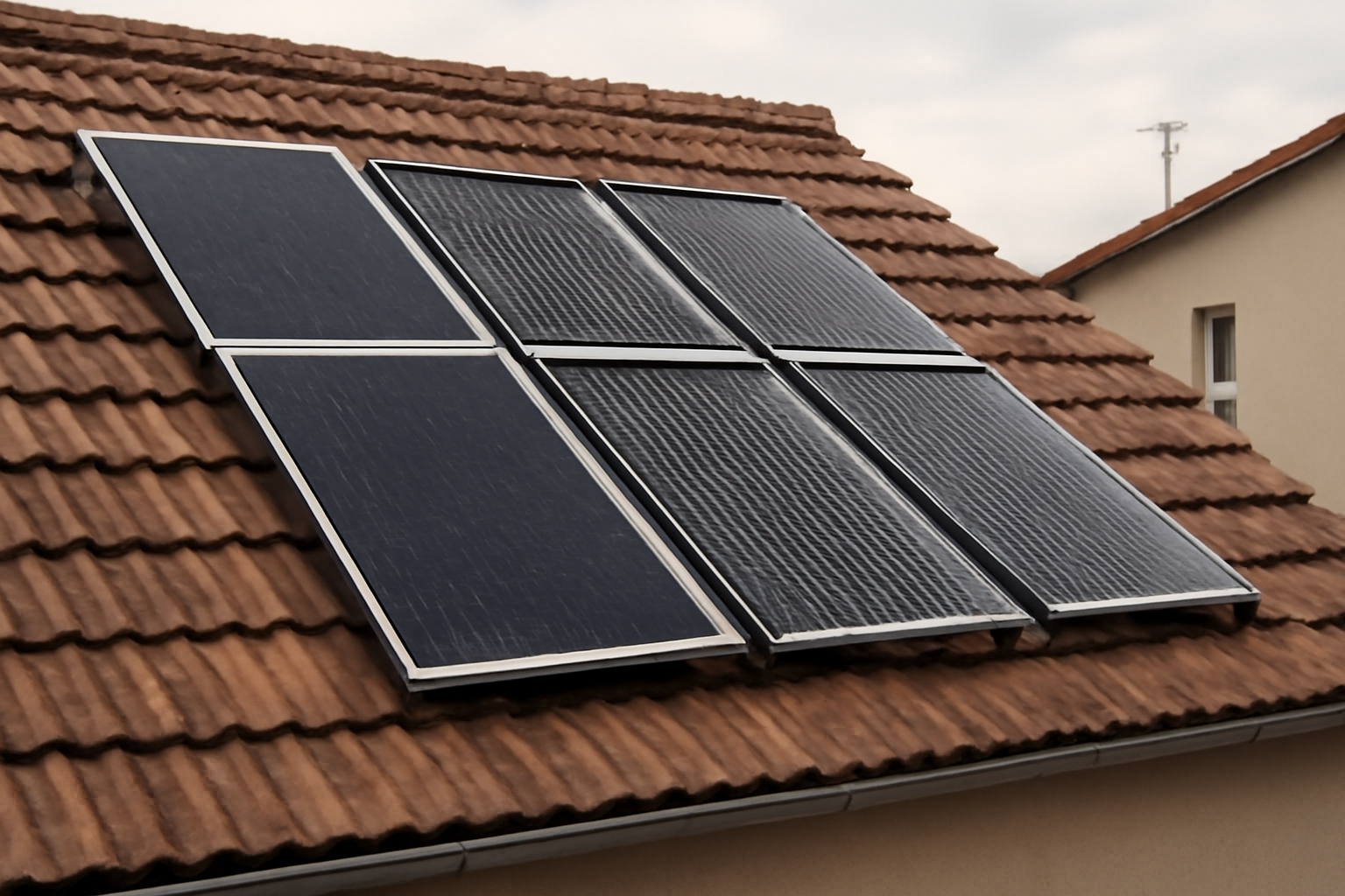 Panneaux solaires hybrides installés sur un toit résidentiel optimisant l'espace et produisant à la fois électricité et eau chaude.