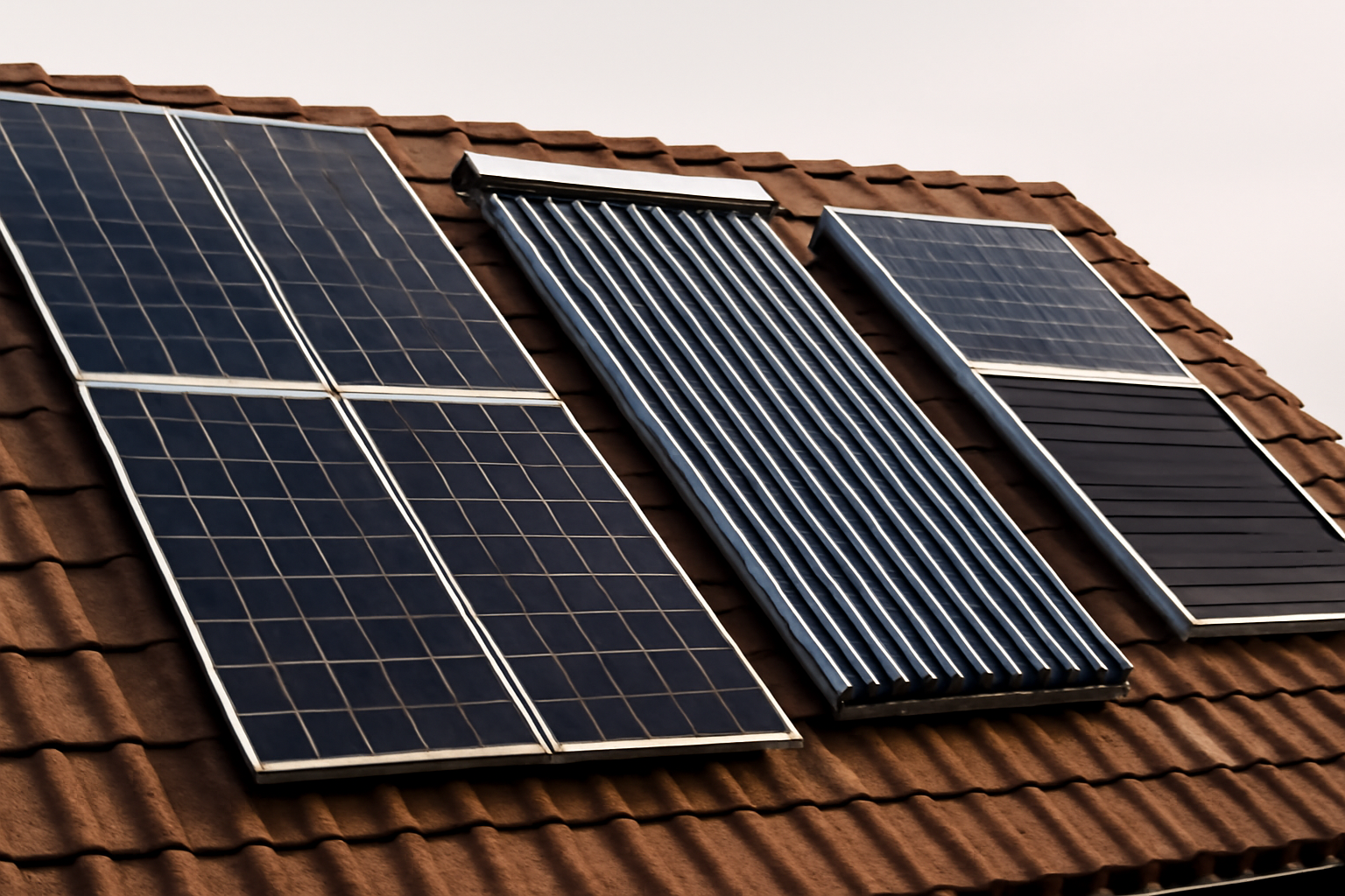 Image montrant trois types de panneaux solaires (photovoltaïque, thermique, hybride) sur un toit, illustrant le choix selon l’usage, budget et environnement.