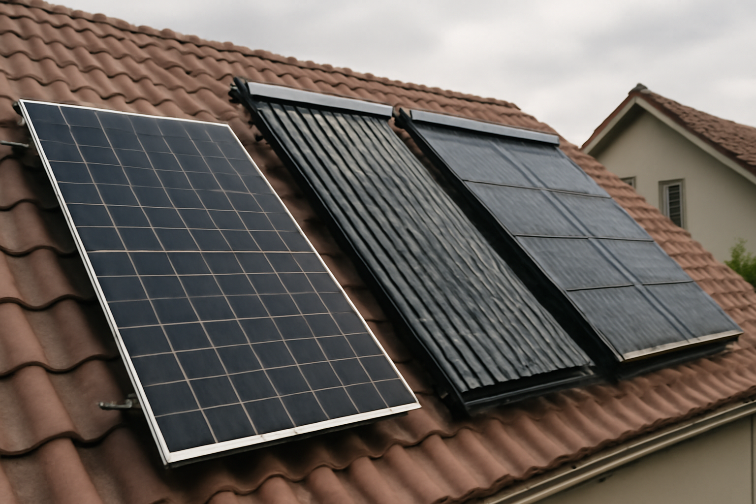 Image éditoriale montrant différents types de panneaux solaires (photovoltaïques, thermiques, hybrides) installés sur un toit résidentiel.