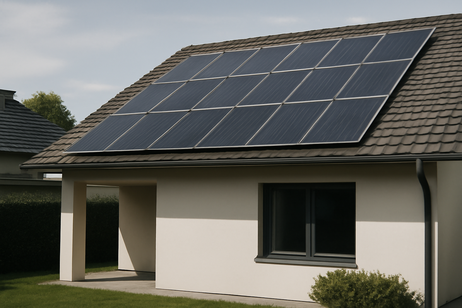 Image illustrant des panneaux solaires modernes avec une maison en arrière-plan, captant la lumière des deux côtés, en pleine journée.