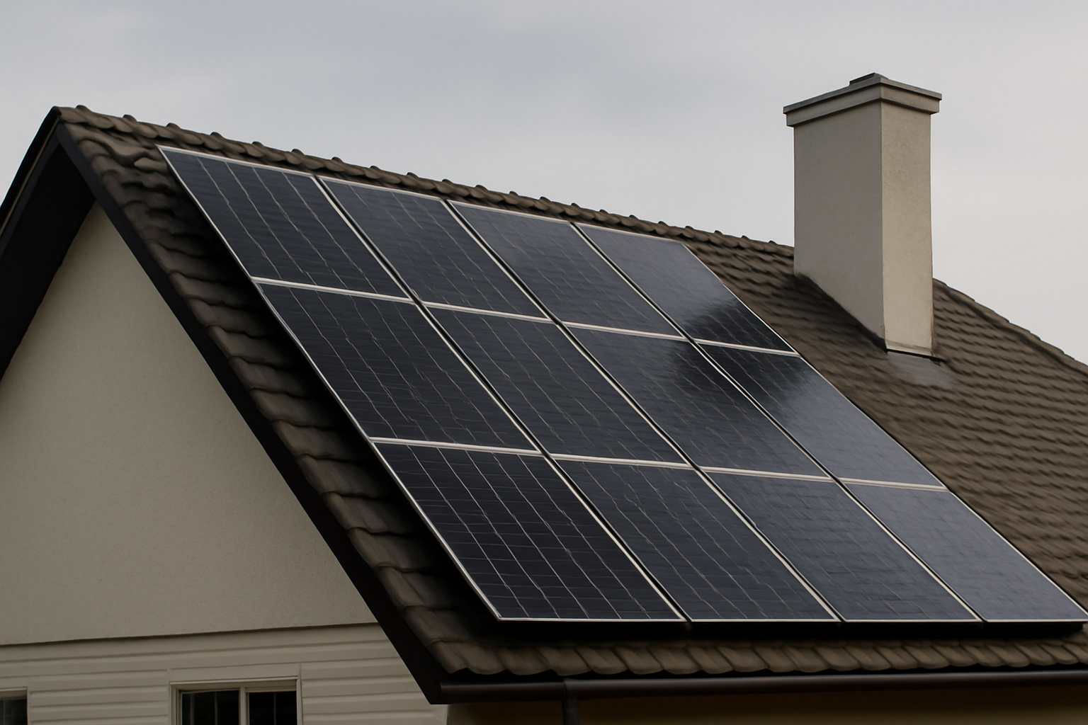 Panneaux solaires installés sur un toit résidentiel orienté plein sud sous un ciel clair.