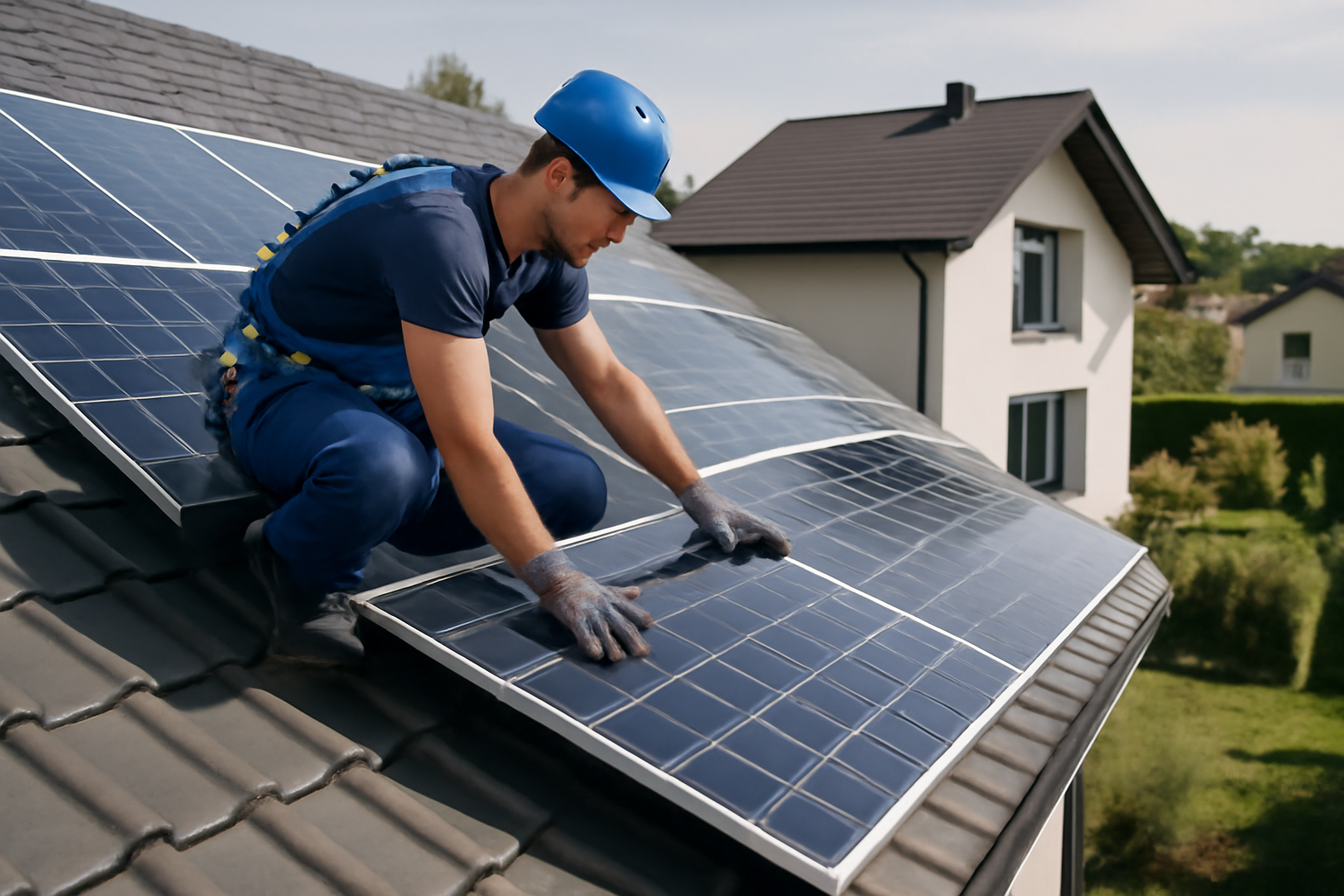 Installation de panneaux solaires sur le toit d'une maison moderne et lumineuse