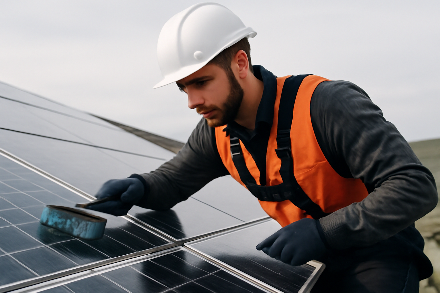 Technicien solaire inspectant et nettoyant des panneaux photovoltaïques sur un toit