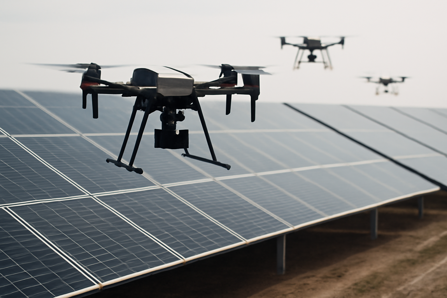 Image éditoriale représentant des drones autonomes inspectant des panneaux solaires dans une installation solaire avancée, illustrant l'avenir de la surveillance des panneaux solaires avec l'IA.