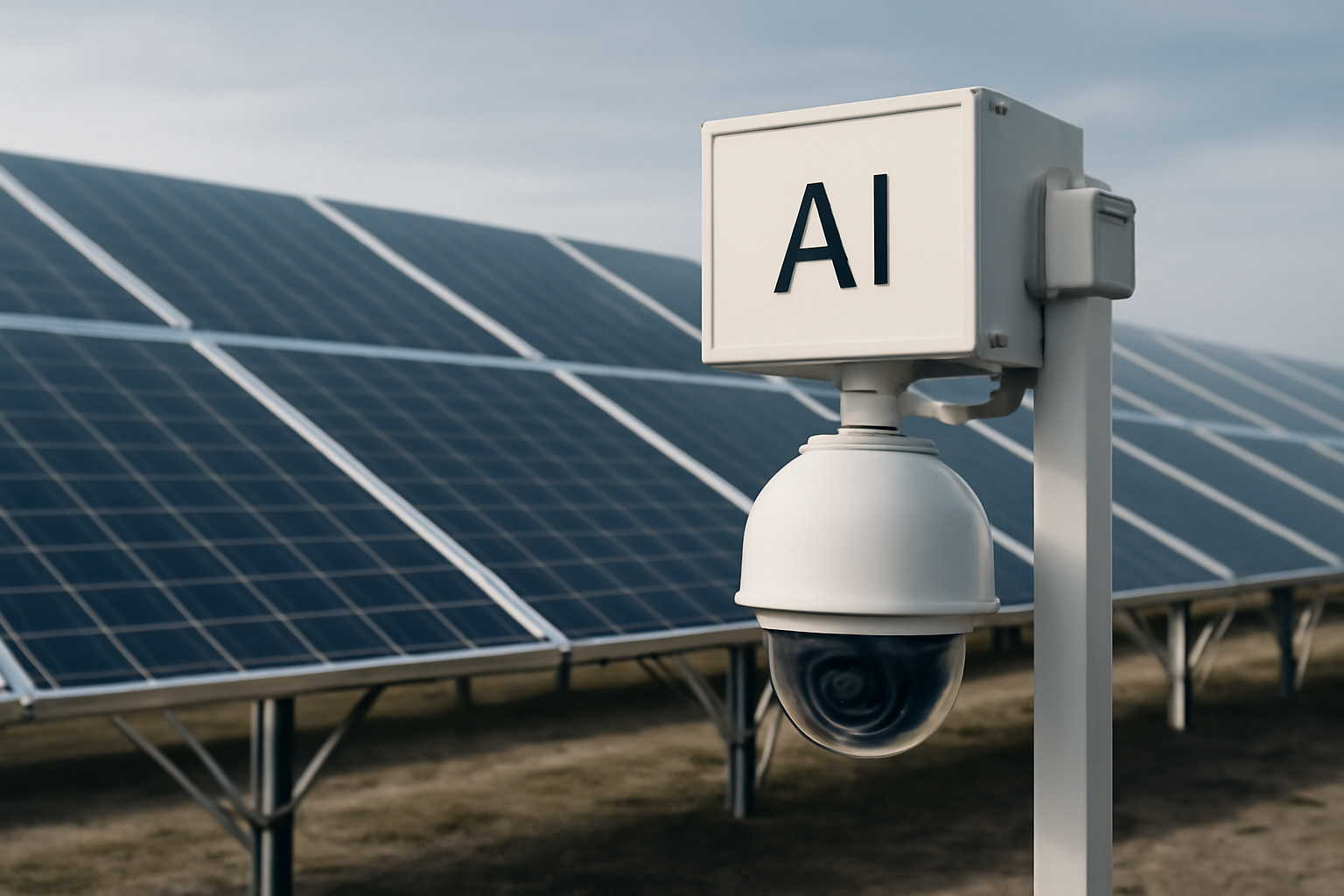 Image éditoriale représentant un champ solaire moderne sous surveillance automatisée par intelligence artificielle