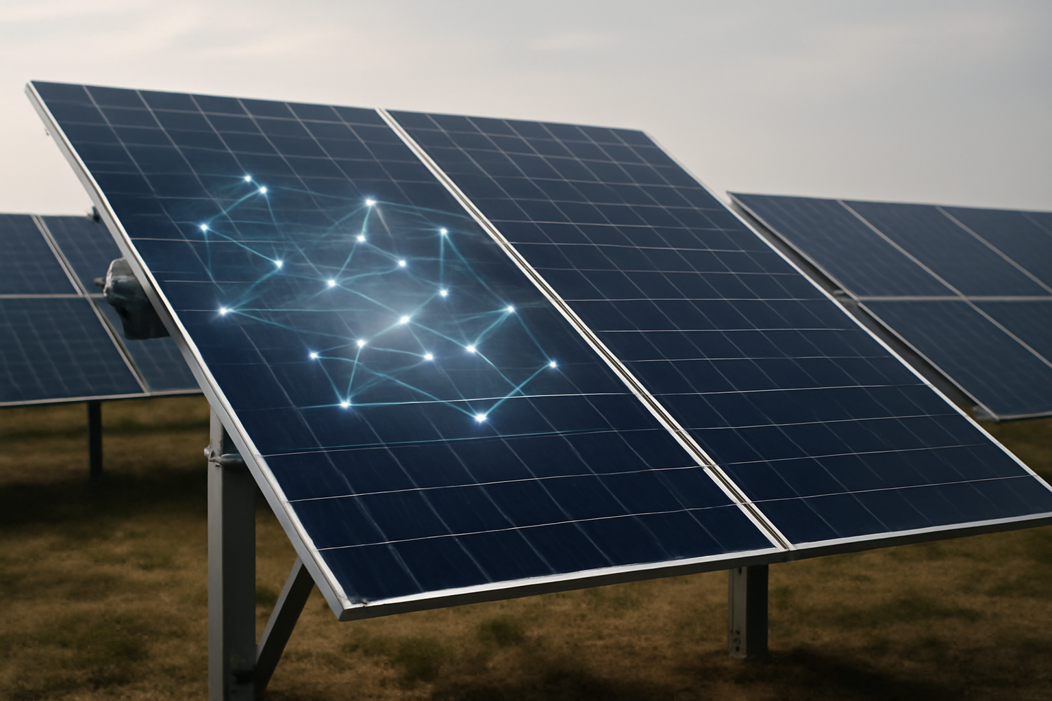 Panneaux solaires modernes optimisés par intelligence artificielle dans une ferme solaire.
