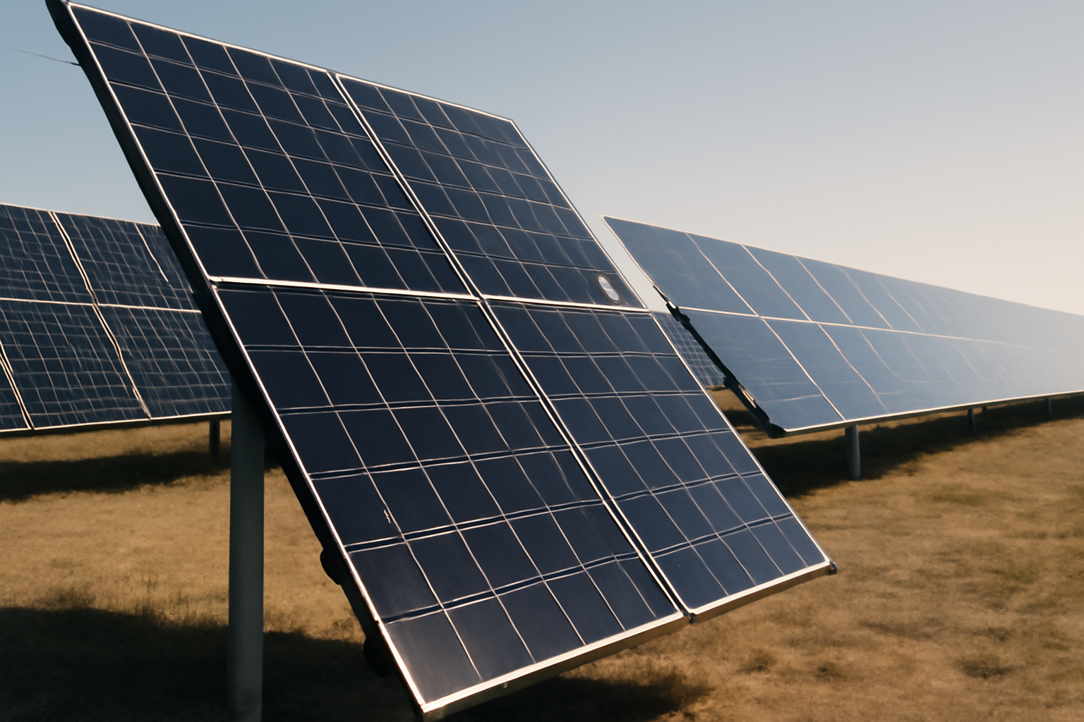 Photographie éditoriale d'un parc solaire optimisé par intelligence artificielle sous le soleil, illustrant l'impact environnemental positif de l'IA.
