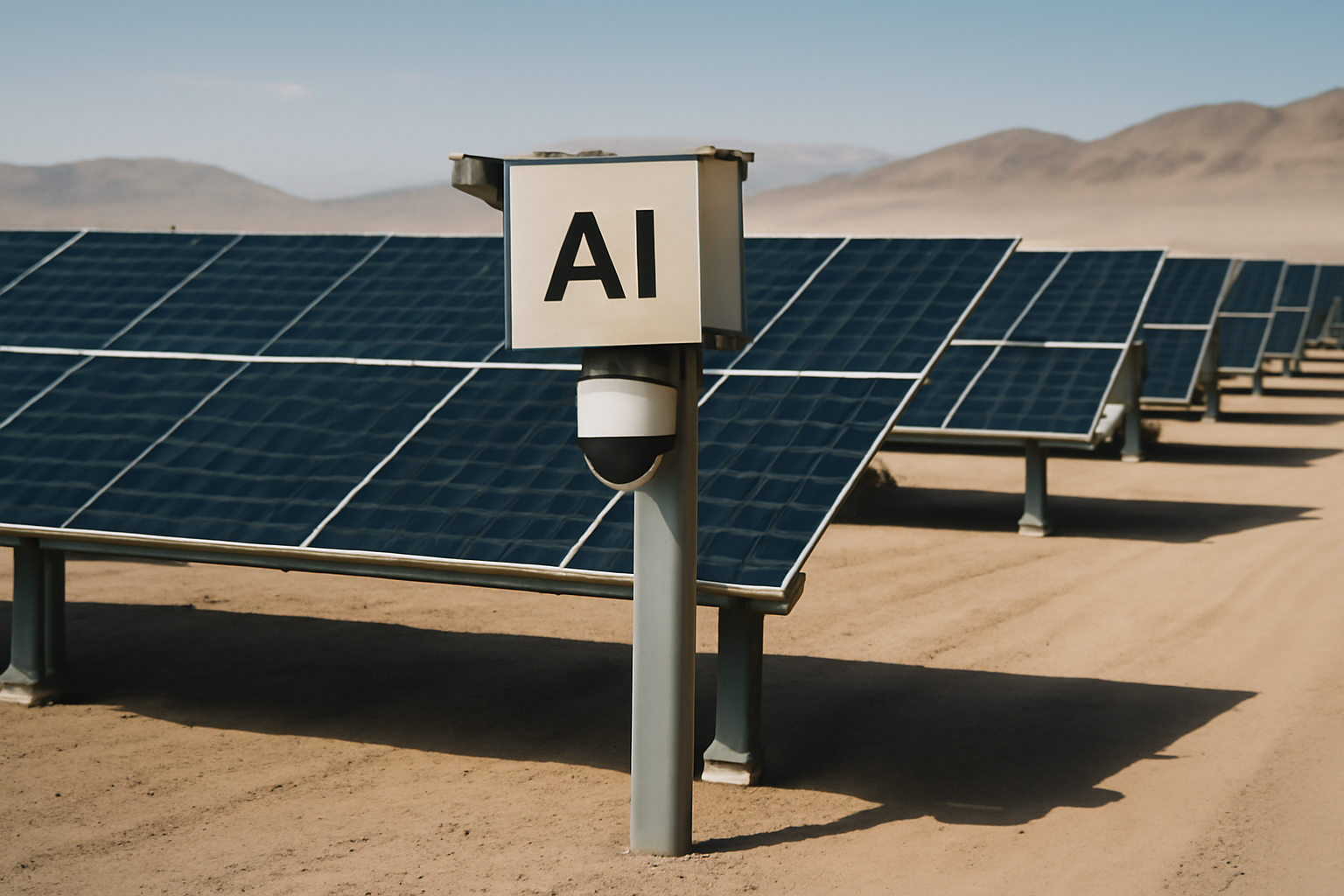 Ferme solaire d'Ouarzazate intégrant des systèmes avancés d'IA pour la maintenance prédictive et l'optimisation de la production, située dans un environnement désertique.