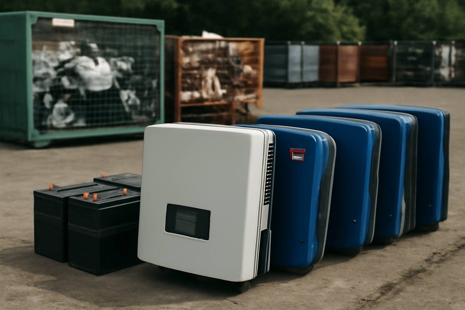 Image éditoriale montrant des onduleurs et des batteries solaires dans un centre de recyclage, illustrant l'importance du recyclage des déchets électroniques.