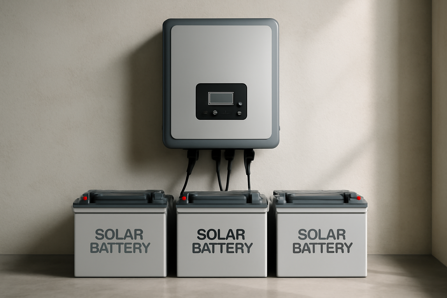 Image éditoriale d'un onduleur solaire et de batteries solaires dans un environnement neutre en intérieur, lumière naturelle, atmosphère neutre.