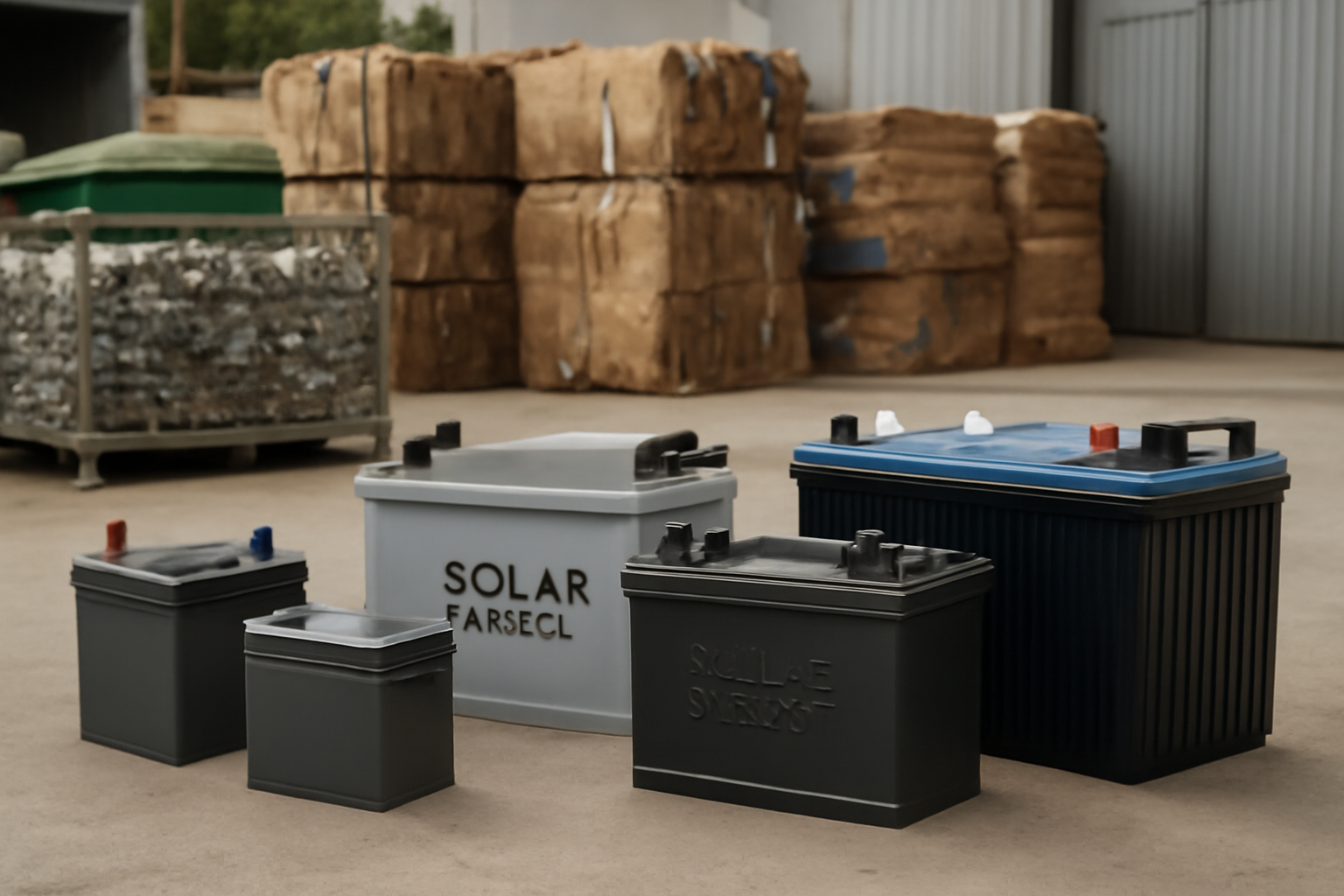 Image éditoriale illustrant différents types de batteries solaires dans une installation de recyclage.