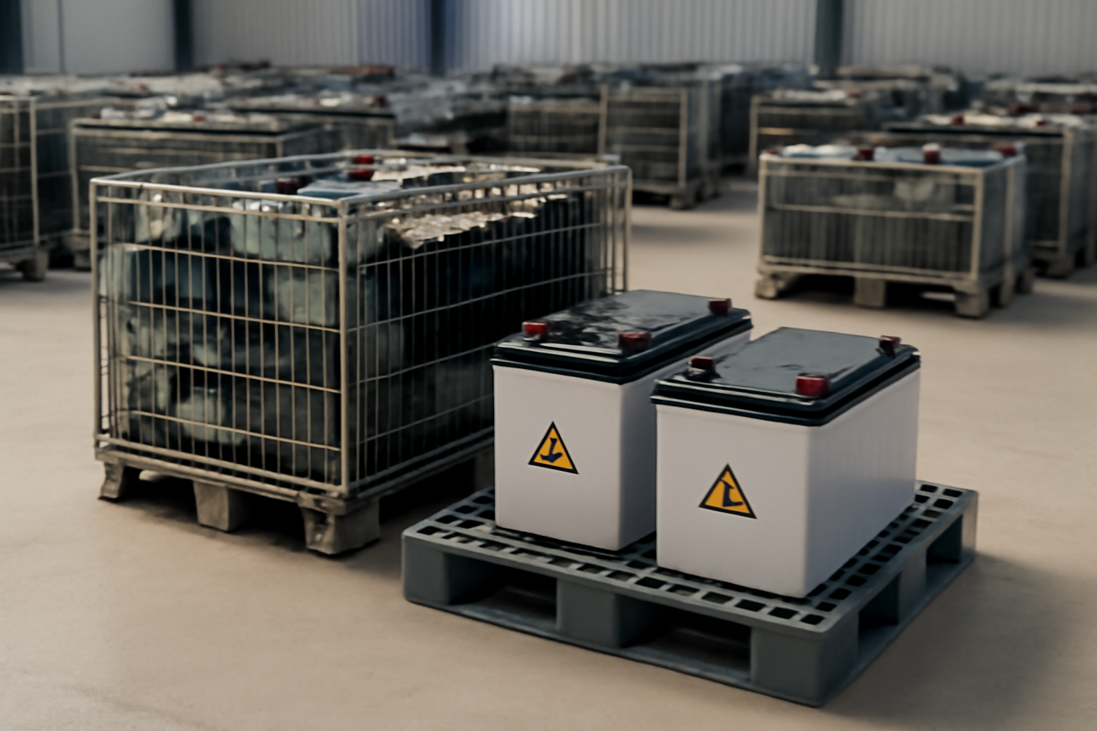 Installation professionnelle de recyclage de batteries solaires montrant le stockage sécurisé et le transport dans un environnement contrôlé.