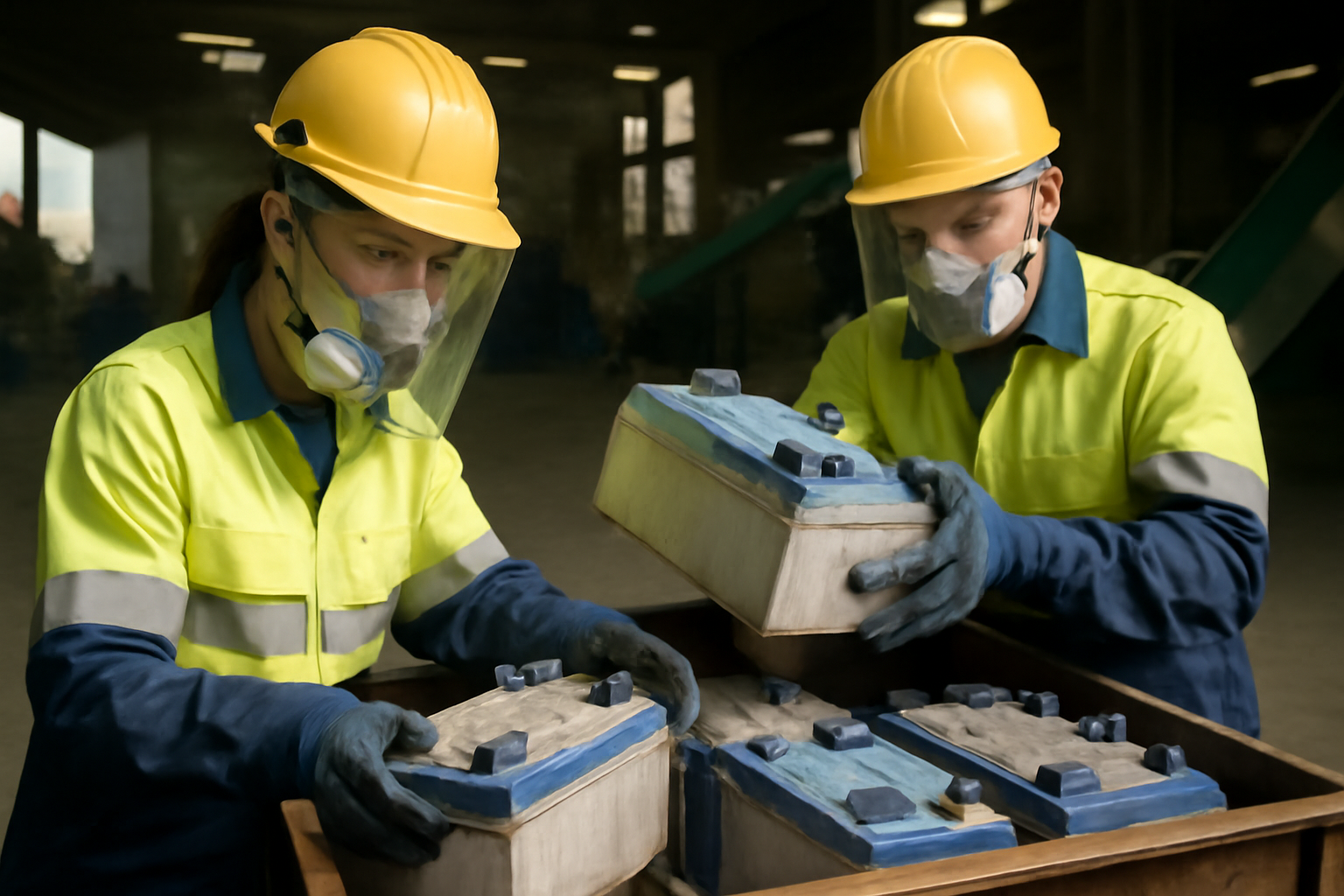 Travailleurs dans une usine de recyclage de batteries solaires portant des équipements de protection individuelle complets, manipulant des batteries en toute sécurité dans un environnement industriel.