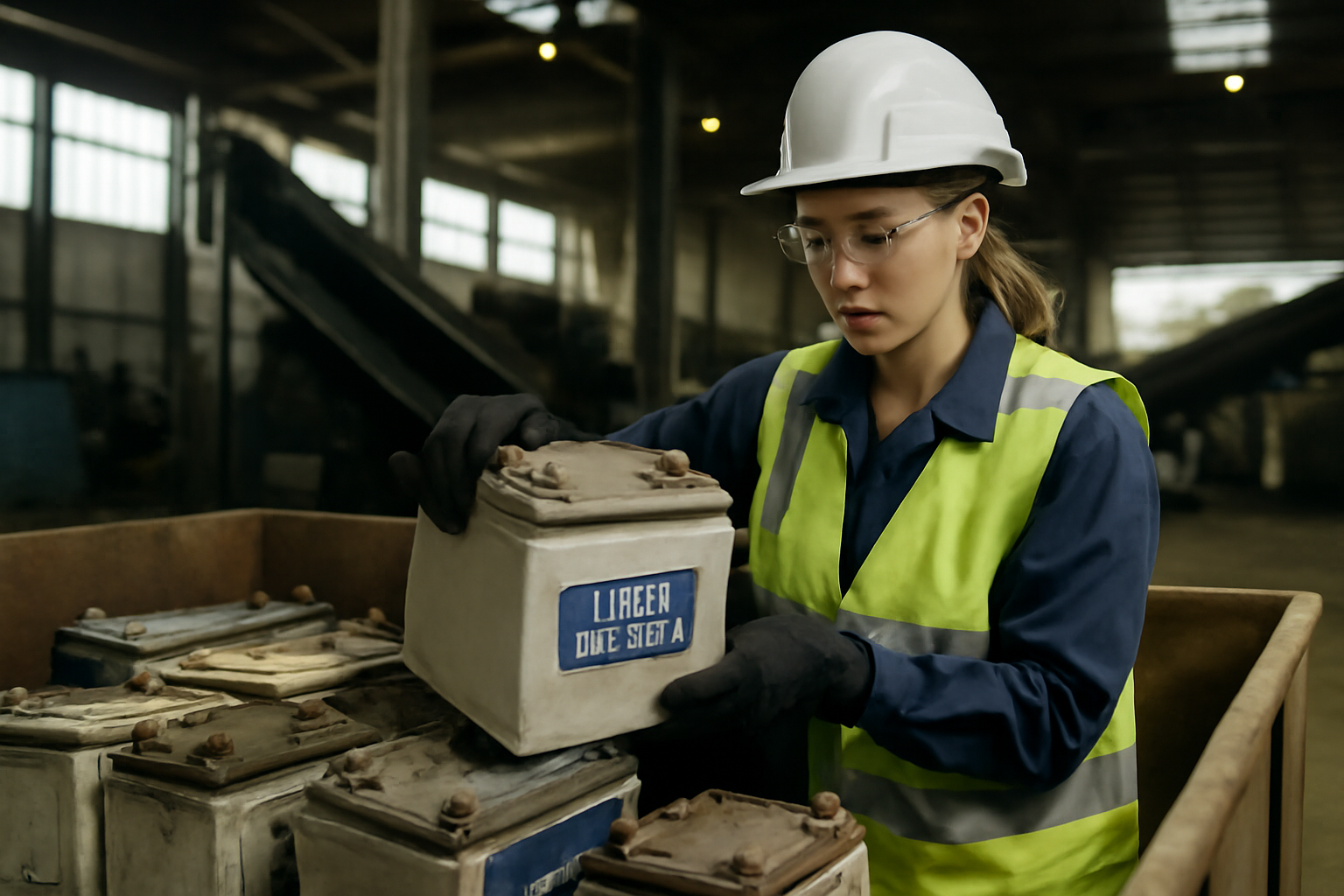 Recycling solar batteries in an industrial facility showing the process of recovering valuable metals and protecting the environment.