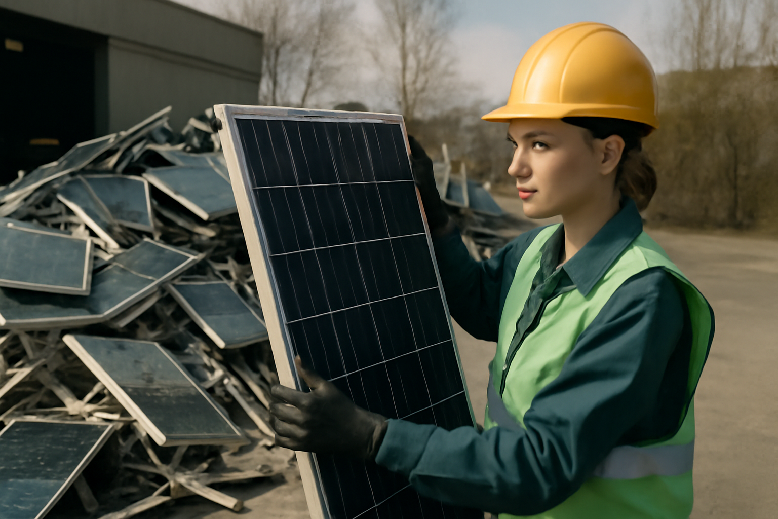 Image éditoriale représentant le recyclage des batteries solaires et leurs impacts environnementaux dans une installation de recyclage.