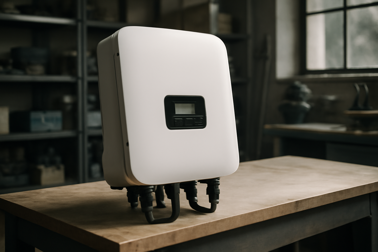 Onduleur solaire posé sur une table dans un atelier technique, illustrant son rôle clé et son impact environnemental.