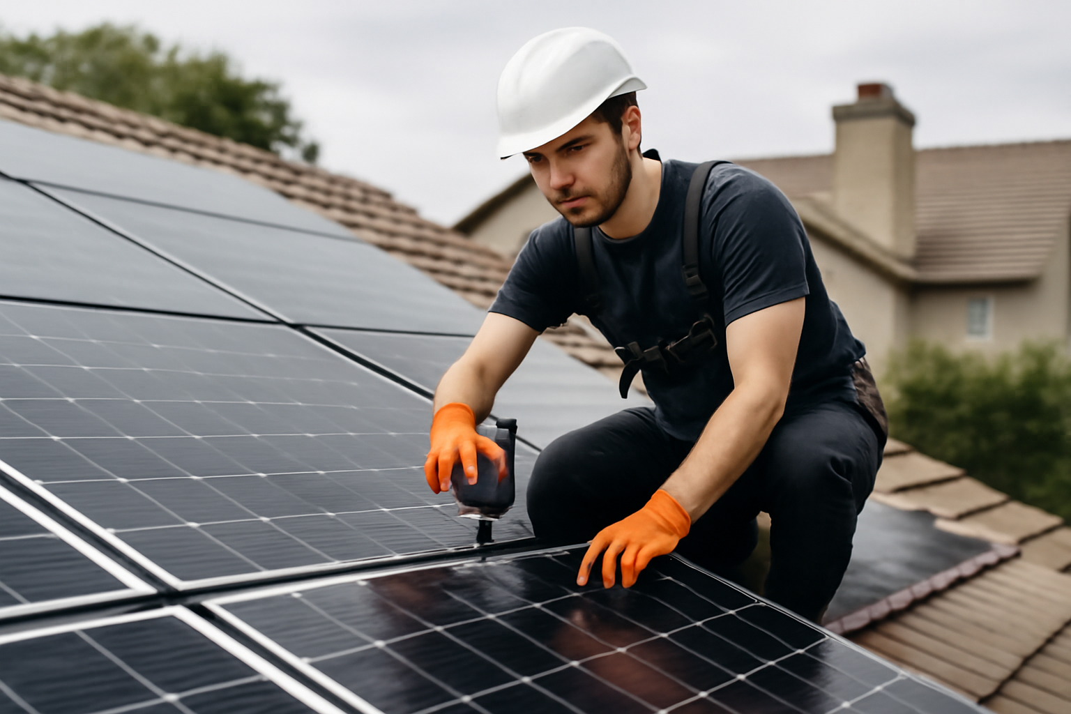 Image éditoriale de panneaux solaires en cours de maintenance professionnelle sur un toit résidentiel.