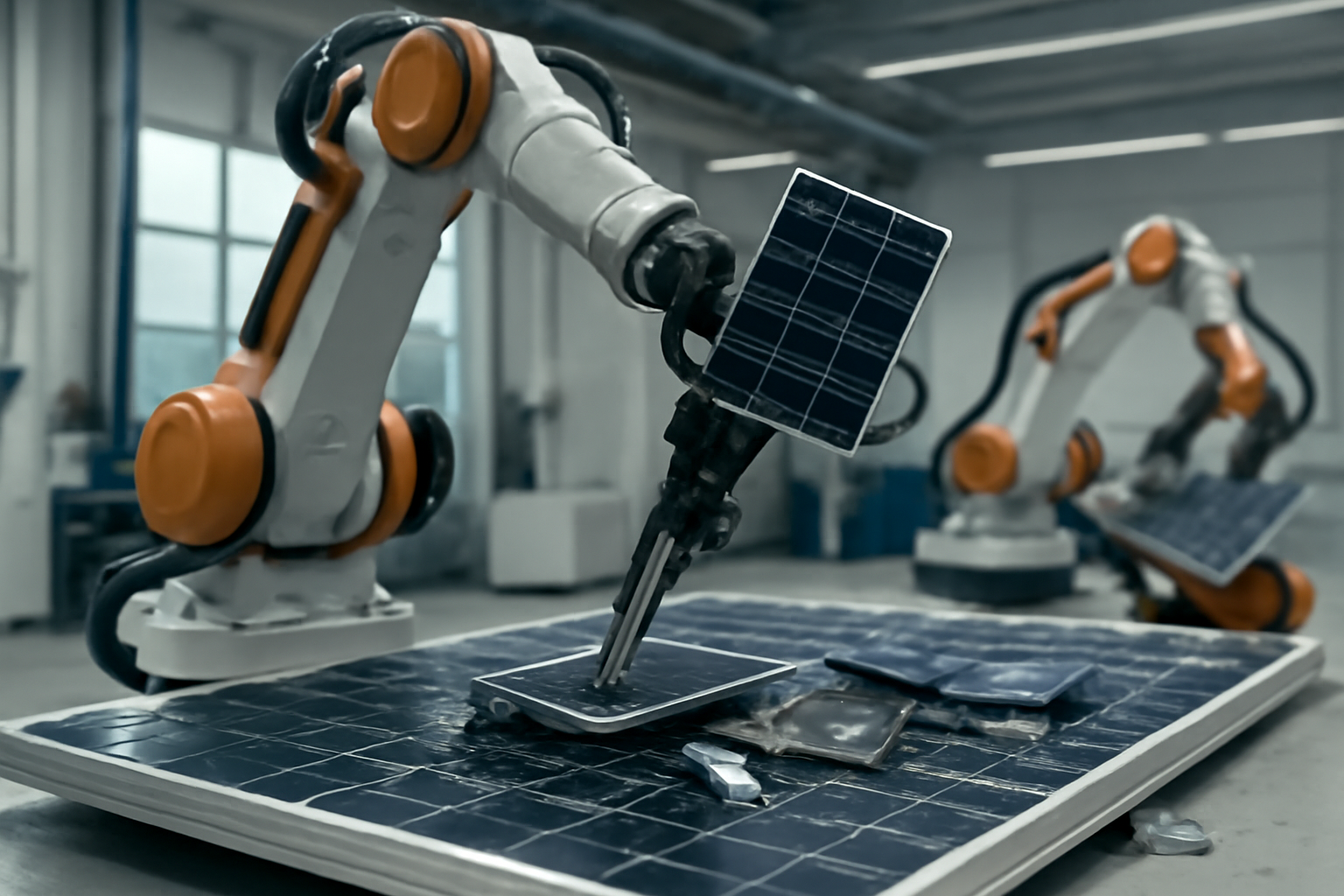 Robot de recyclage avancé démontant des batteries solaires dans une installation moderne.